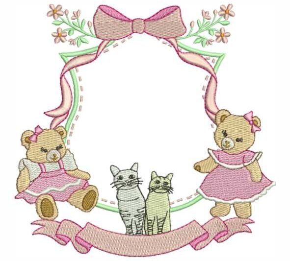 Matriz de Bordado Brasão Floral Ursinho Ursinha Gato Laço 000130